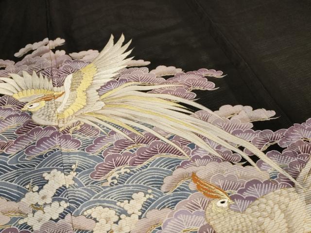 平和屋着物*夏物 黒留袖 絽 刺繍 飛鳥文 金彩 洗える着物 AABD6623jd