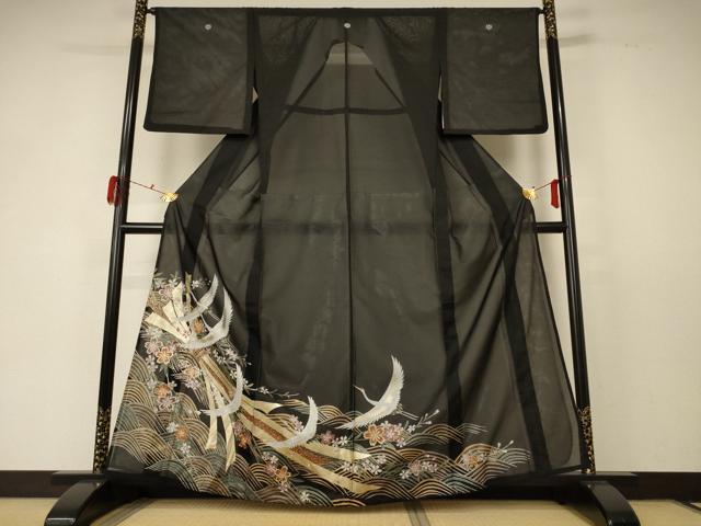 平和屋着物＊夏物 黒留袖 絽 飛鶴花文 金彩 洗える着物 AABD6624jd