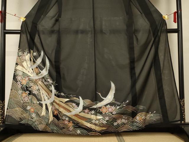平和屋着物*夏物 黒留袖 絽 飛鶴花文 金彩 洗える着物 AABD6624jd