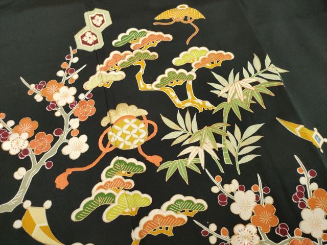 平和屋着物●豪華黒留袖 友禅 駒刺繍 松竹梅吉祥宝尽くし 金彩 正絹 逸品 AABD6693ck