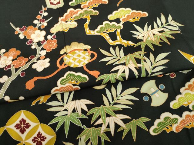 平和屋着物●豪華黒留袖 友禅 駒刺繍 松竹梅吉祥宝尽くし 金彩 正絹 逸品 AABD6693ck