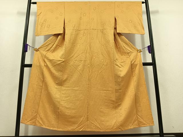 平和屋着物▽上質な色無地 単衣 舞花地紋 飴色 正絹 逸品 AABD6962jh