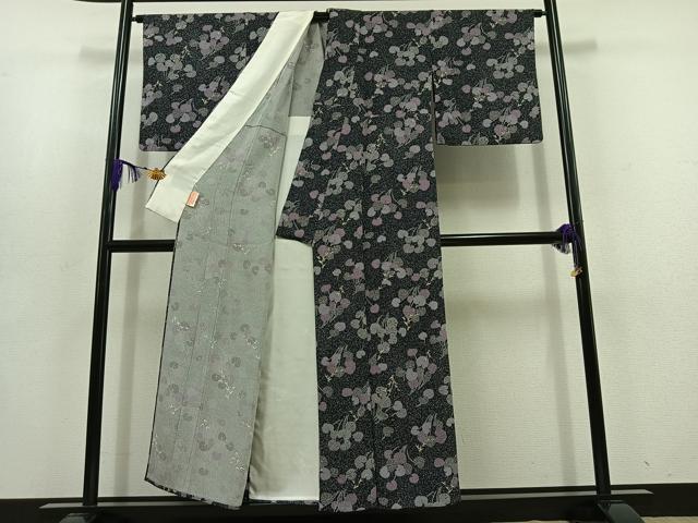 平和屋着物▽上質な小紋 単衣 草花文 黒地 正絹 逸品 AABD6969jh