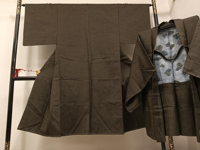 平和屋着物●男性 紬 アンサンブル 色無地 赤墨色 正絹 逸品 AABD7019ph