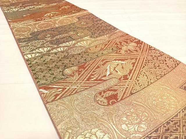 平和屋着物◎六通柄袋帯 エ霞花鳥文 金糸 正絹 逸品 AABD7121yx