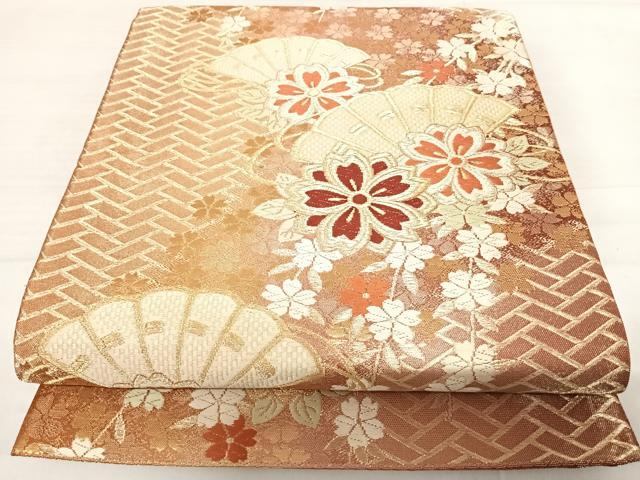 平和屋着物◎六通柄袋帯 唐織 檜扇花文 金糸 正絹 逸品 AABD7150yx