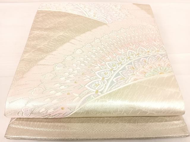 平和屋着物◎六通柄袋帯 唐織 孔雀羽花文 銀糸 正絹 逸品 AABD7186yx