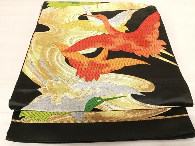 平和屋着物◎六通柄京袋帯 唐織 流水飛鶴文 黒地 金銀糸 正絹 逸品 AABD7204yx