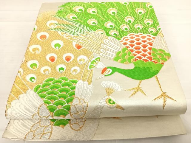 平和屋着物◎六通柄袋帯 蜀江孔雀花文 銀糸 正絹 逸品 BAAV5636hv