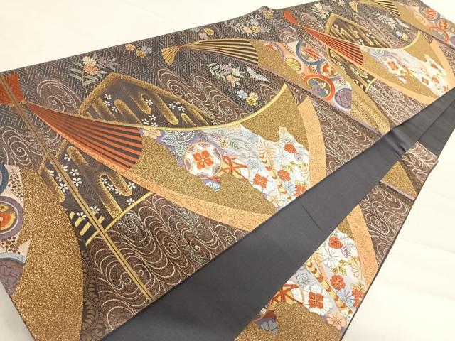 平和屋着物◎六通柄袋帯 唐織 観世水扇面文 金糸 正絹 逸品 AABD7214yx