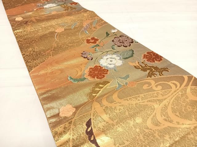 平和屋着物◎六通柄袋帯 唐織 流水花唐草文 金糸 正絹 逸品 AABD7229yx