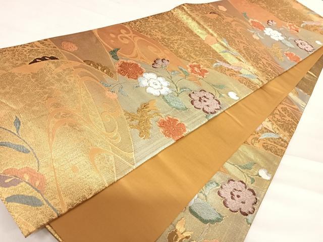 平和屋着物◎六通柄袋帯 唐織 流水花唐草文 金糸 正絹 逸品 AABD7229yx