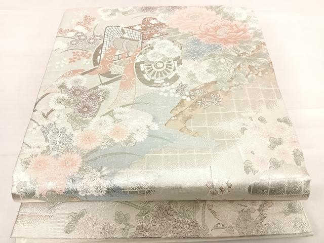平和屋着物◎本佐賀錦 六通柄袋帯 雲取り御所車文 プラチナ 正絹 逸品 AABD7242yx