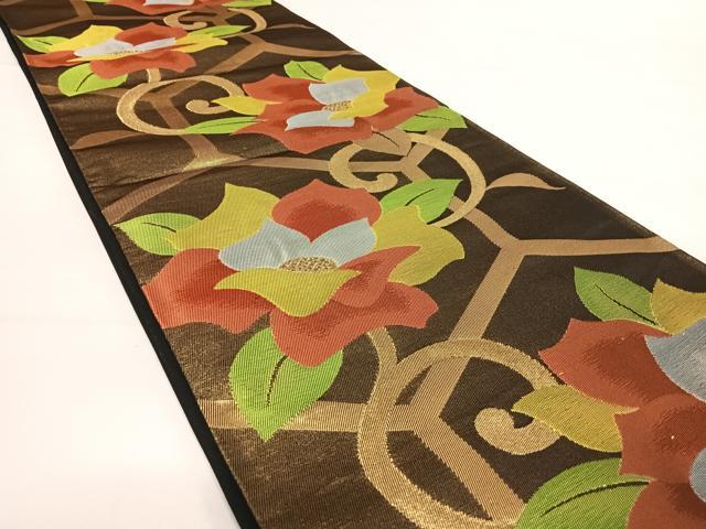 平和屋着物◎六通柄袋帯 花唐草文 黒地 金糸 正絹 逸品 AABD7247yx