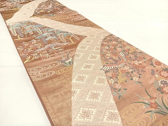 平和屋着物◎六通柄袋帯 飛鶴花文 金糸 正絹 逸品 AABD7269yx