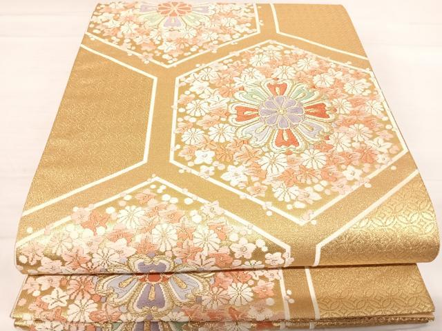 平和屋着物◎六通柄袋帯 唐織 亀甲花文 金糸 正絹 逸品 AABD7273yx