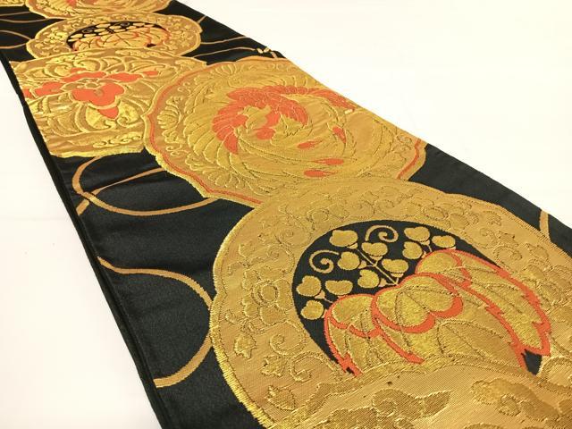 平和屋着物◎六通柄袋帯 鳳凰花文 黒地 金糸 正絹 逸品 AABD7327yx