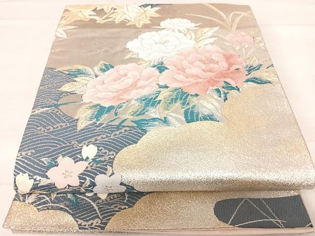 平和屋着物◎六通柄袋帯 雲取り花文 金銀糸 正絹 逸品 AABD7346yx