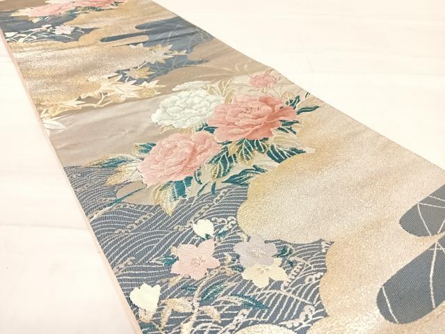 平和屋着物◎六通柄袋帯 雲取り花文 金銀糸 正絹 逸品 AABD7346yx