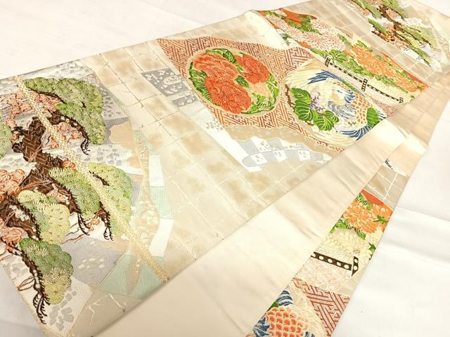 平和屋着物◎六通柄袋帯 唐織 切箔扇 金銀糸 正絹 逸品 AABD7349yx
