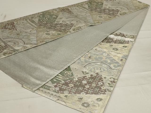 平和屋着物◎佐賀錦 六通柄袋帯 切嵌花文 銀糸 正絹 逸品 AABD7452ou