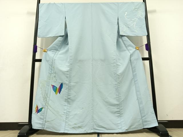 平和屋着物▽訪問着 単衣 舞蝶文 銀彩 洗える着物 AABD7493jh