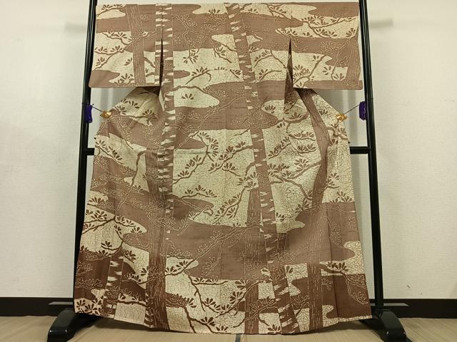 平和屋着物▽訪問着 単衣 生紬 樹林文 正絹 逸品 AABD7515jh