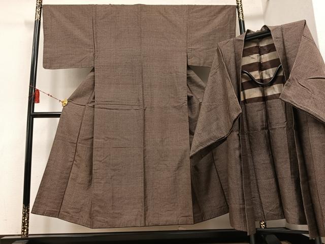 平和屋着物●男性 紬 アンサンブル 格子 正絹 逸品 AABD7554ph