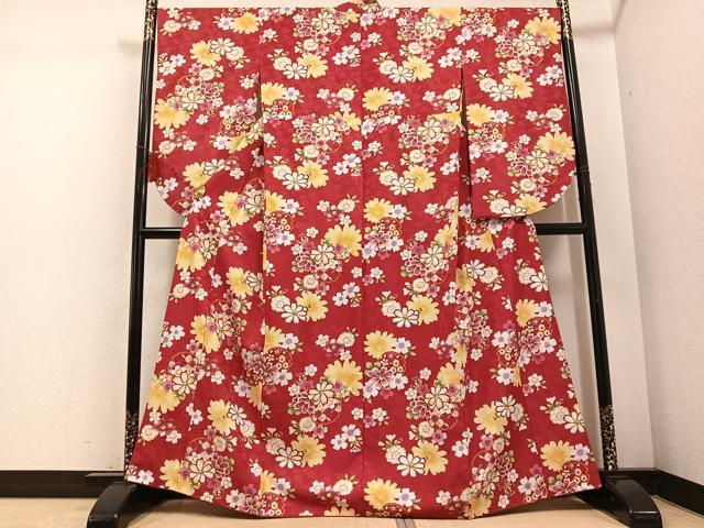 平和屋着物●小振袖 二尺袖 雪輪花文 金彩 洗える着物 AABD7561ph