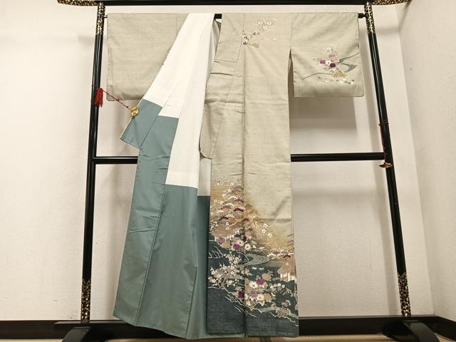 平和屋着物●京の名門 じゅらく謹製 帝王紫(古代帝王紫) 訪問着 刺繍 風景草花文 暈し染め 正絹 逸品 AABD7576ph