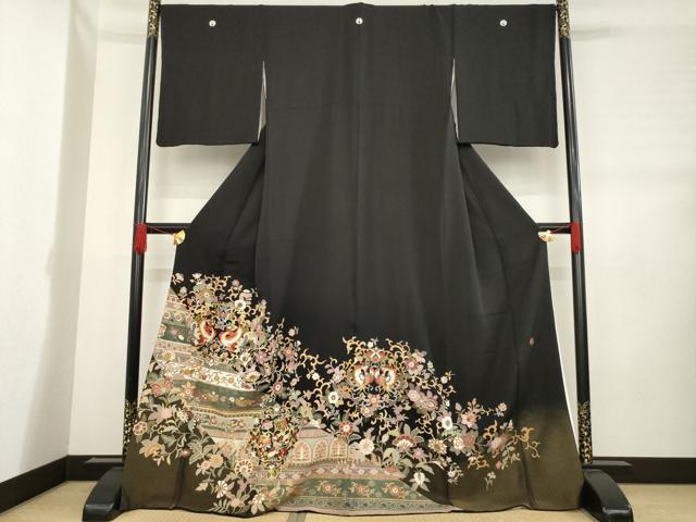 平和屋着物●豪華黒留袖 作家物 駒刺繍 向かい鳥更紗花文 金糸 正絹 逸品 AABE9241ck