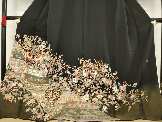 平和屋着物●豪華黒留袖 作家物 駒刺繍 向かい鳥更紗花文 金糸 正絹 逸品 AABE9241ck