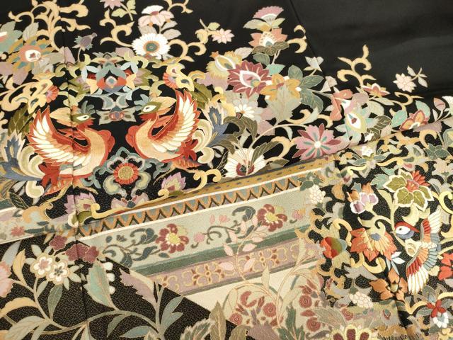 平和屋着物●豪華黒留袖 作家物 駒刺繍 向かい鳥更紗花文 金糸 正絹 逸品 AABE9241ck