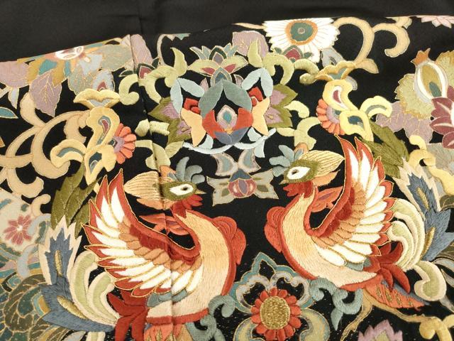 平和屋着物●豪華黒留袖 作家物 駒刺繍 向かい鳥更紗花文 金糸 正絹 逸品 AABE9241ck