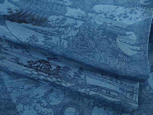 平和屋着物○上質な小紋 紬 本藍 型染め 立波風景文 正絹