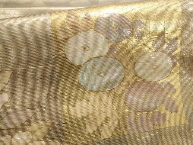 平和屋着物▼太鼓柄袋帯 螺鈿箔 色紙花文 金銀彩 引箔 正絹 逸品 AABD7815wj