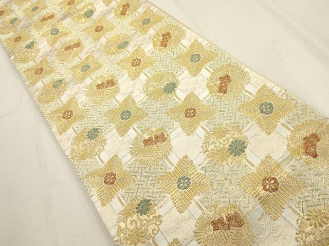 平和屋着物▼全通柄袋帯 市松取松梅菊文 金糸 正絹 逸品 AABD7925wj