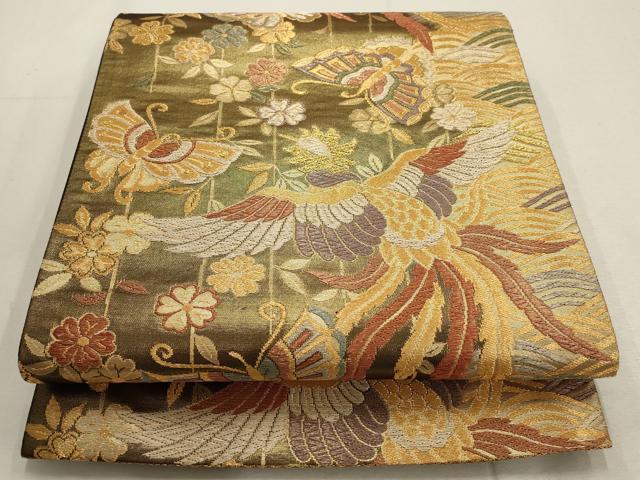 平和屋着物▼六通柄袋帯 鳳凰花蝶文 曙 金糸 正絹 逸品 AABD8034wj