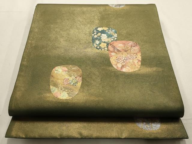 平和屋着物▼太鼓柄袋帯 草花文 金彩 引箔 正絹 逸品 AABD8057wj