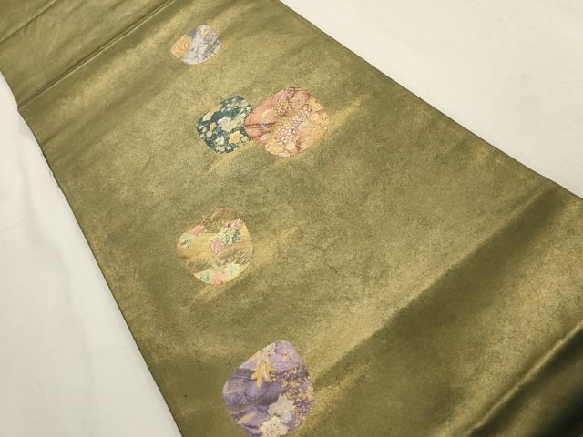 平和屋着物▼太鼓柄袋帯 草花文 金彩 引箔 正絹 逸品 AABD8057wj