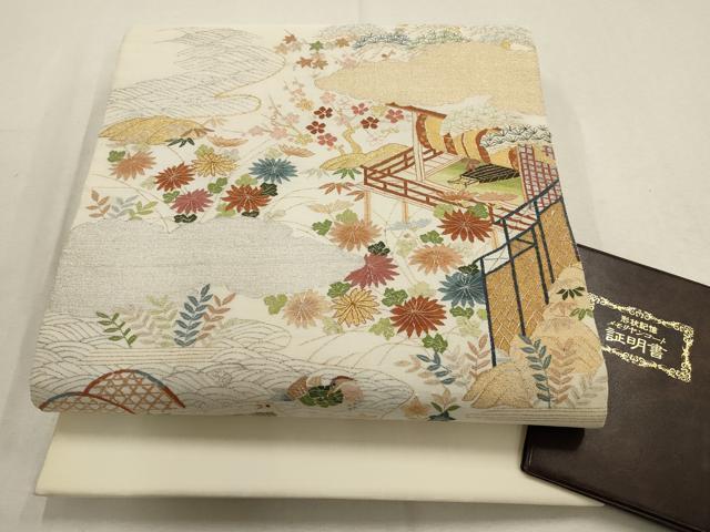 平和屋着物▽明綴れ 袋帯 風景花鳥文 松竹梅 金銀糸 証明書付き