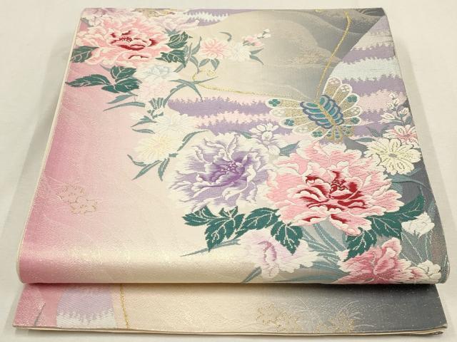 平和屋着物▼六通柄袋帯 唐織 花蝶文 オーロラ箔 金銀糸 正絹 逸品 AABD8234wj