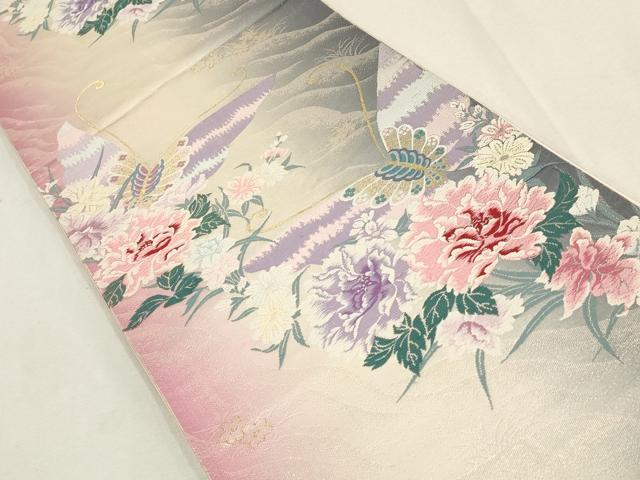 平和屋着物▼六通柄袋帯 唐織 花蝶文 オーロラ箔 金銀糸 正絹 逸品 AABD8234wj