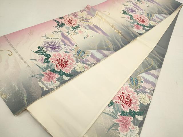 平和屋着物▼六通柄袋帯 唐織 花蝶文 オーロラ箔 金銀糸 正絹 逸品 AABD8234wj