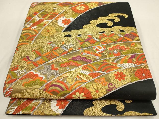 平和屋着物▼六通柄袋帯 立波飛鶴花文 黒地 金銀糸 正絹 逸品 AABD8237wj