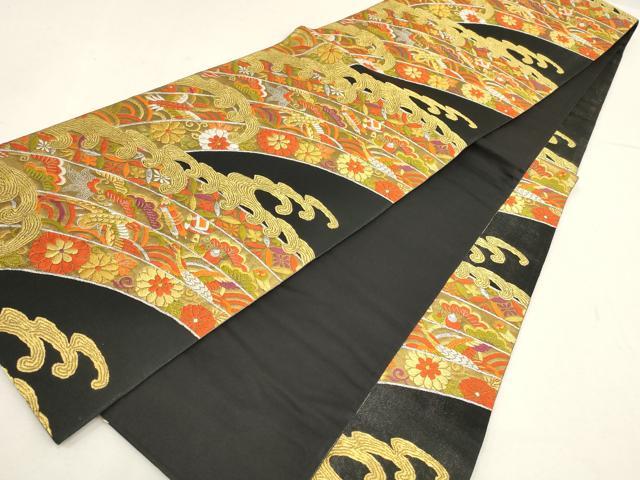 平和屋着物▼六通柄袋帯 立波飛鶴花文 黒地 金銀糸 正絹 逸品 AABD8237wj