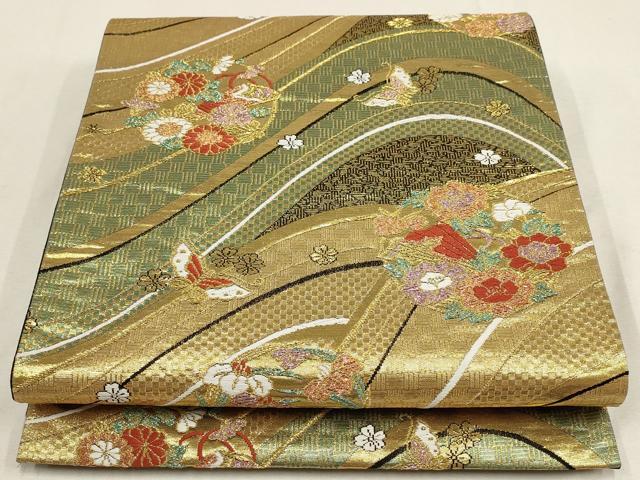 平和屋着物▼六通柄袋帯 流水花蝶丸文 黒地 金糸 正絹 逸品 AABD8244wj