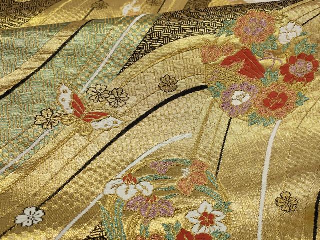 平和屋着物▼六通柄袋帯 流水花蝶丸文 黒地 金糸 正絹 逸品 AABD8244wj