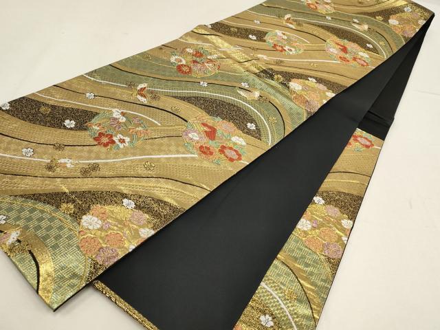平和屋着物▼六通柄袋帯 流水花蝶丸文 黒地 金糸 正絹 逸品 AABD8244wj