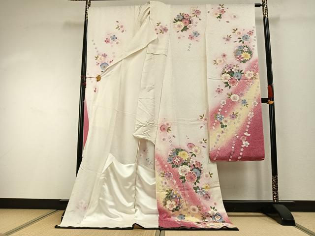 平和屋着物●豪華振袖 草花文 暈し染め 金彩 銀通し地 仮絵羽 逸品 未使用 AABD8495fy